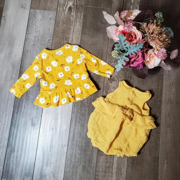Cat & Jack & Carter's Yellow Gauze Ruffle Romper w/ Floral Cardigan Sweater 0-3M - Picture 11 of 12